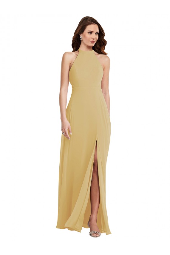 Open Back Gold Soft Chiffon Halter Neck Long Sleeveless Semi Formal Evening Dress / Bridesmaid Dress Toowoomba
