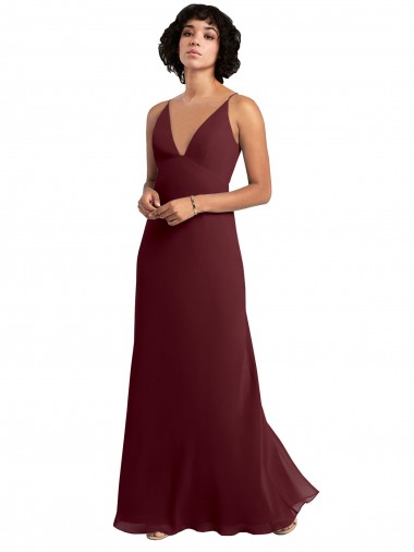V-Back Burgundy Gold Soft Chiffon V-Neck Long Sleeveless Bridesmaid Dress / Formal Dress Toowoomba