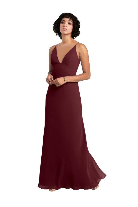 V-Back Burgundy Gold Soft Chiffon V-Neck Long Sleeveless Bridesmaid Dress / Formal Dress Toowoomba