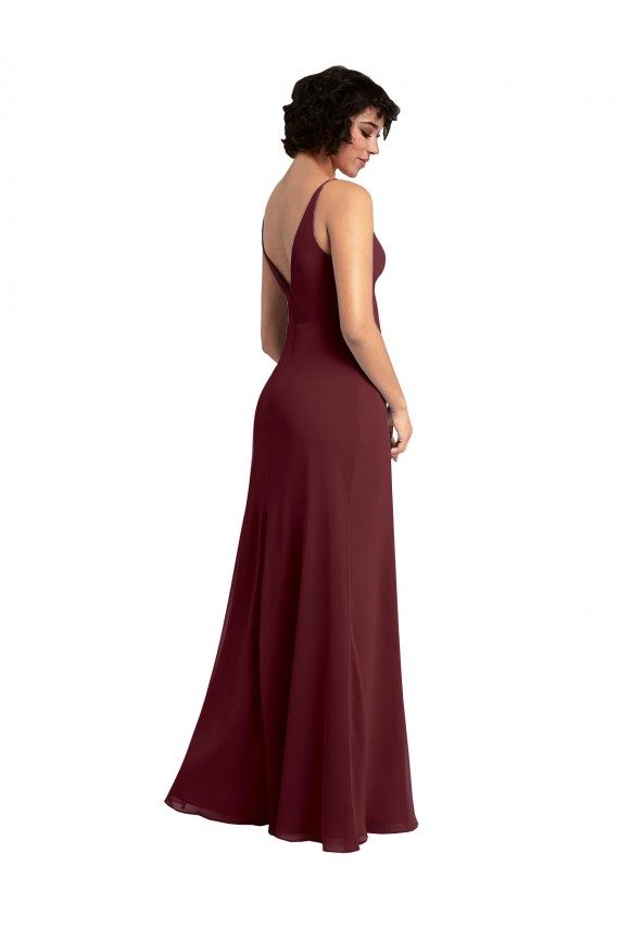 V-Back Burgundy Gold Soft Chiffon V-Neck Long Sleeveless Bridesmaid Dress / Formal Dress Toowoomba