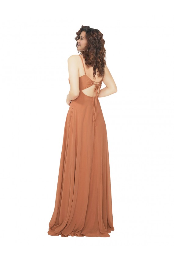 Keyhole Back Rosewood Soft Chiffon V-Neck Long Sleeveless Bridesmaid Dress Toowoomba