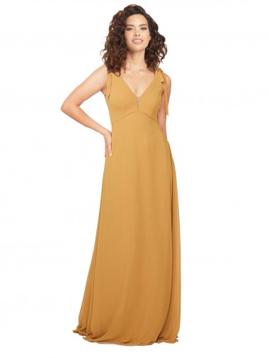 Keyhole Back Saffron Soft Chiffon V-Neck Long Sleeveless Bridesmaid Dress Toowoomba
