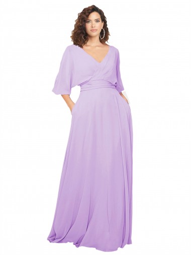 Low Back Lxue Chiffon V-Neck Long Half Sleeves Bridesmaid Dress Toowoomba