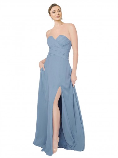 Low Back Dusty Blue Chiffon Sweetheart Long Sleeveless Bridesmaid Dress / Evening Dress Toowoomba