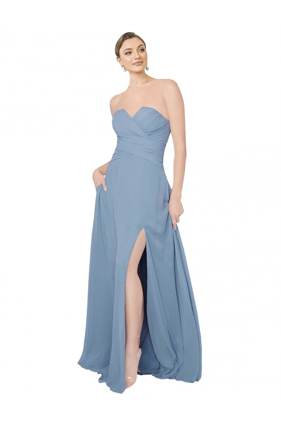 Low Back Dusty Blue Chiffon Sweetheart Long Sleeveless Bridesmaid Dress / Evening Dress Toowoomba