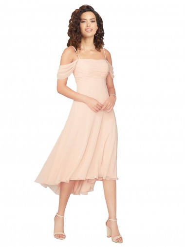 Low Back Soft Chiffon Square Neck Midi Length Cold Shoulder High Low Bridesmaid Dress Toowoomba