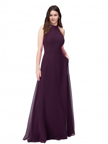 Keyhole Back Grape Soft Chiffon Halter Neck Long Sleeveless Bridesmaid Dress Toowoomba