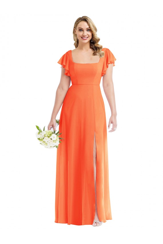 Open Back Soft Chiffon Square Neck Long Flutter Sleeves Semi Formal Evening Dress / Bridesmaid Dress Toowoomba