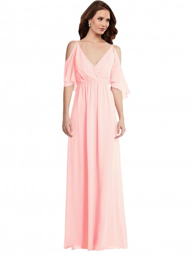 V-Back Soft Chiffon V-Neck Long Cold Shoulder Semi Formal Evening Dress / Bridesmaid Dress Toowoomba