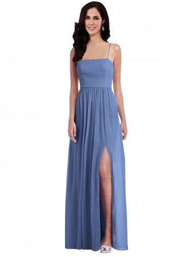 Low Back Windsor Blue Soft Chiffon Spaghetti Straps Long Sleeveless Semi Formal Evening Dress / Bridesmaid Dress Toowoomba