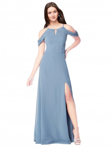 Dusty Blue Soft Chiffon Off the Shoulder Long Sleeveless Evening Dress / Bridesmaid Dress Toowoomba