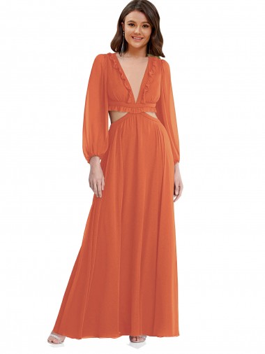 Open Back Soft Chiffon V-Neck Long Long Sleeves High Low Evening Gown / Bridesmaid Dress Toowoomba