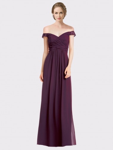 Low Back Grape Soft Chiffon & Lace Off the Shoulder Long Sleeveless Bridesmaid Dress Toowoomba