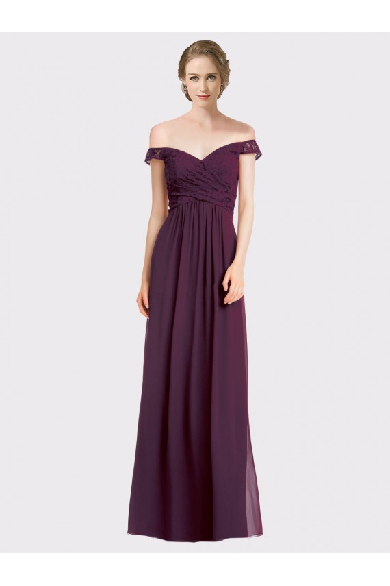 Low Back Grape Soft Chiffon & Lace Off the Shoulder Long Sleeveless Bridesmaid Dress Toowoomba