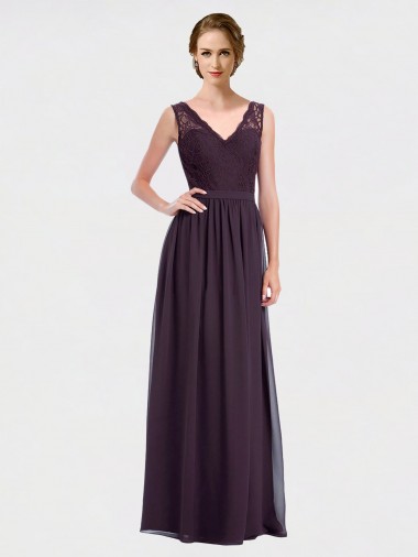 V-Back Chiffon & Lace V-Neck Long Sleeveless Bridesmaid Dress / Evening Dress Toowoomba