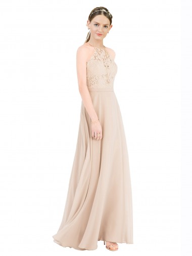 Keyhole Back Soft Chiffon & Lace Halter Neck Long Sleeveless Prom Dress / Bridesmaid Dress Toowoomba