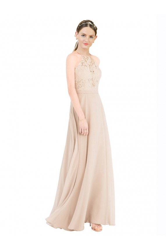 Keyhole Back Soft Chiffon & Lace Halter Neck Long Sleeveless Prom Dress / Bridesmaid Dress Toowoomba