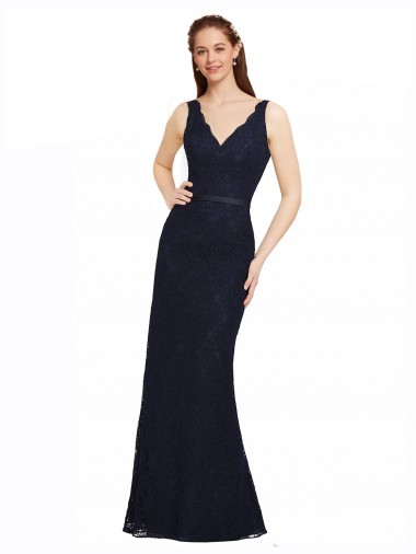 Open Back Dark Navy Lace V-Neck Long Sleeveless Bridesmaid Dress Toowoomba