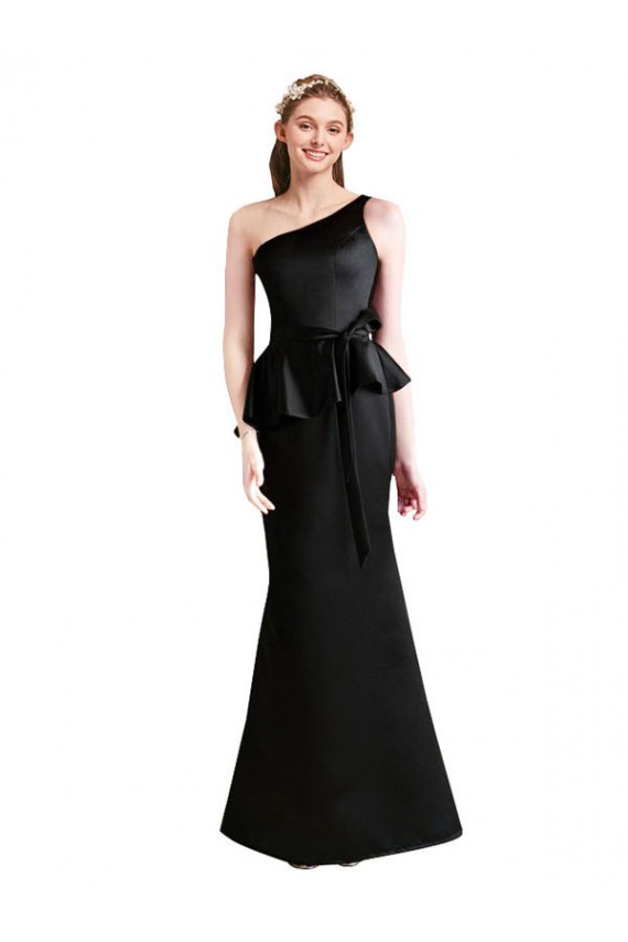Black Satin One Shoulder Long Sleeveless Bridesmaid Dress Toowoomba