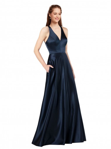 Keyhole Back Satin V-Neck Long Sleeveless Formal Evening Gown / Prom Dress / Bridesmaid Dress Toowoomba