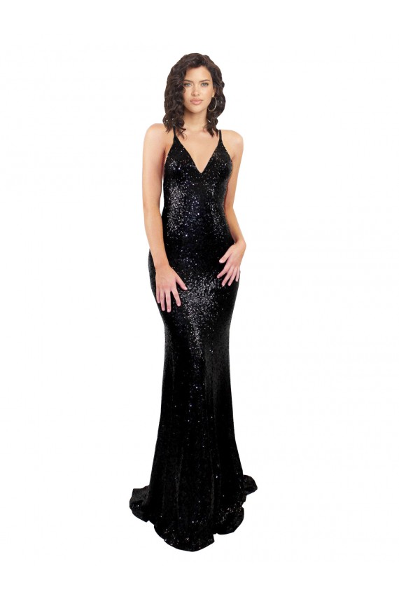 Open Back Sequin V-Neck Long Sleeveless Black Tie Evening Gown / Prom Dress / Bridesmaid Dress Toowoomba