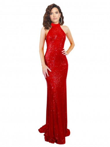 Open Back Red Sequin Halter Neck Long Sleeveless Formal Evening Gown / Prom Dress / Bridesmaid Dress Toowoomba