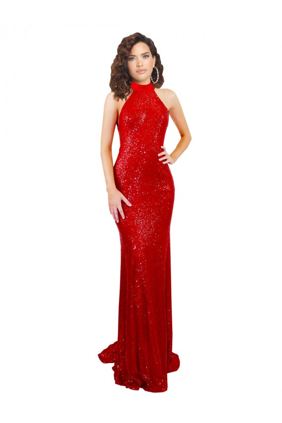 Open Back Red Sequin Halter Neck Long Sleeveless Formal Evening Gown / Prom Dress / Bridesmaid Dress Toowoomba