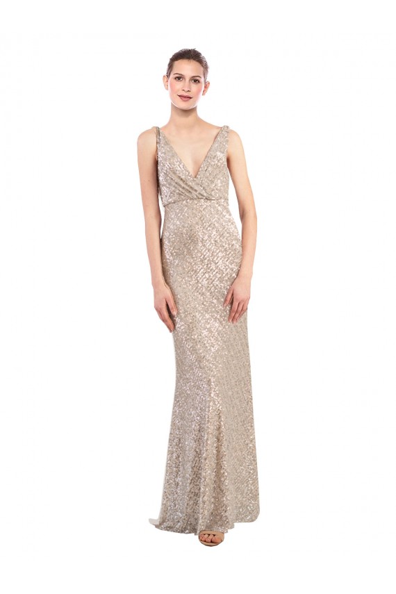 V-Back Silver Sequin & Sparkling Sequin V-Neck Long Sleeveless Formal Evening Gown / Prom Dress / Bridesmaid Dress Toowoomba