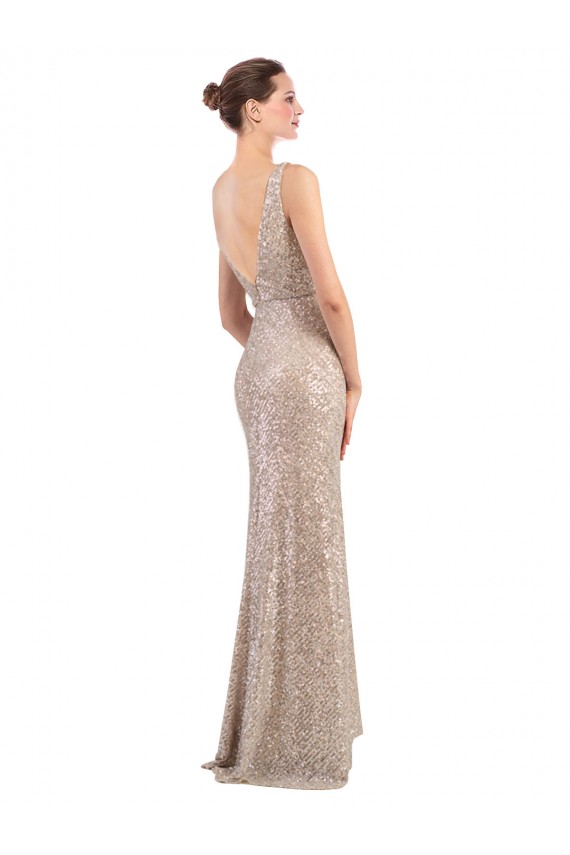 V-Back Silver Sequin & Sparkling Sequin V-Neck Long Sleeveless Formal Evening Gown / Prom Dress / Bridesmaid Dress Toowoomba