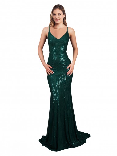 Low Back Dark Green Sequin V-Neck Long Sleeveless Formal Evening Gown / Prom Dress / Bridesmaid Dress Toowoomba