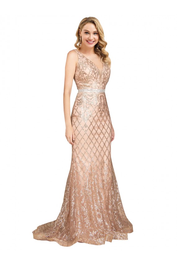 V-Back Sequin & Sparkling Sequin V-Neck Long Sleeveless Formal Plus Size Evening Gown / Prom Dress / Bridesmaid Dress Toowoomba