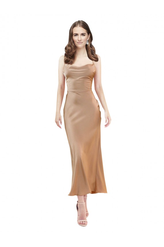 Open Back Rose Gold Silk like Satin Cowl Neck Midi Length Sleeveless Formal Evening Gown / Prom Dress / Bridesmaid Dress Toowoomba