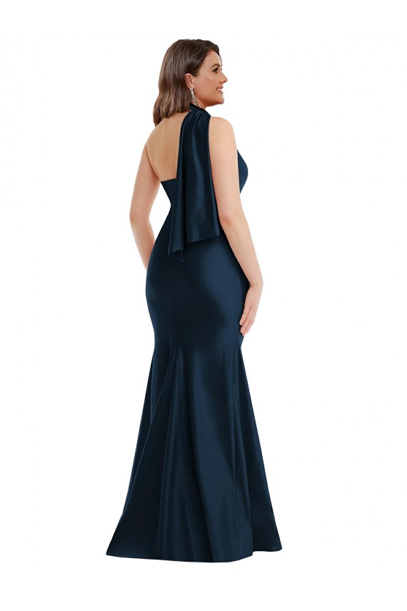 Dark Navy Silk like Satin One Shoulder Long Sleeveless Formal Plus Size Evening Gown / Prom Dress / Bridesmaid Dress Toowoomba