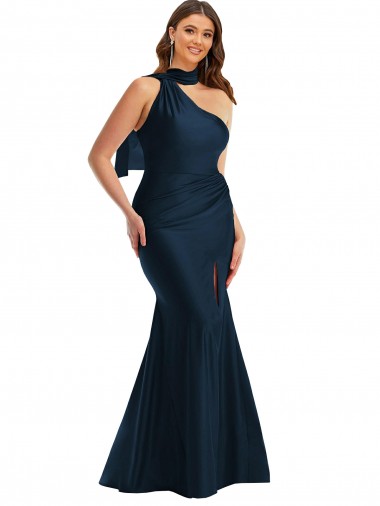 Dark Navy Silk like Satin One Shoulder Long Sleeveless Formal Plus Size Evening Gown / Prom Dress / Bridesmaid Dress Toowoomba