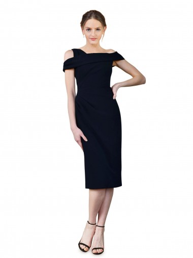 Dark Navy Stretch Crepe Off the Shoulder Cocktail Length Sleeveless Formal Evening Gown / Prom Dress / Bridesmaid Dress Toowoomba