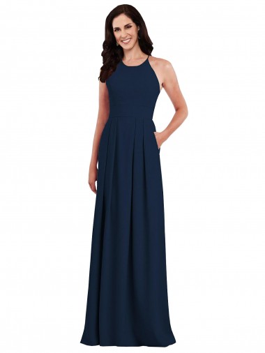 Open Back Dark Navy Stretch Crepe Halter Neck Long Sleeveless Semi Formal Evening Dress / Bridesmaid Dress Toowoomba