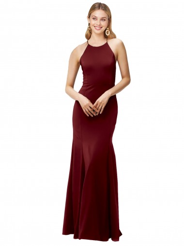 Open Back Burgundy Gold Stretch Crepe Halter Neck Long Sleeveless Formal Evening Gown / Prom Dress / Bridesmaid Dress Toowoomba