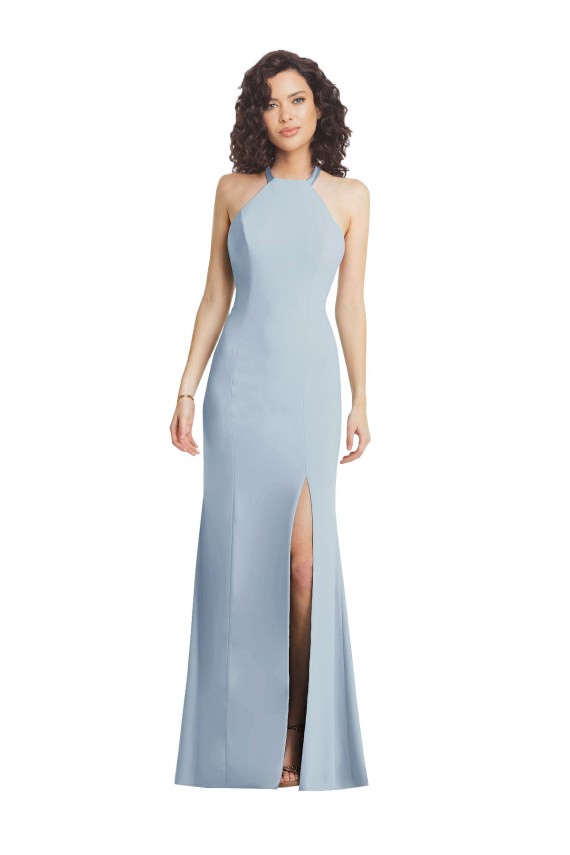 Open Back Light Sky Blue Stretch Crepe Halter Neck Long Sleeveless Formal Evening Gown / Prom Dress / Bridesmaid Dress Toowoomba
