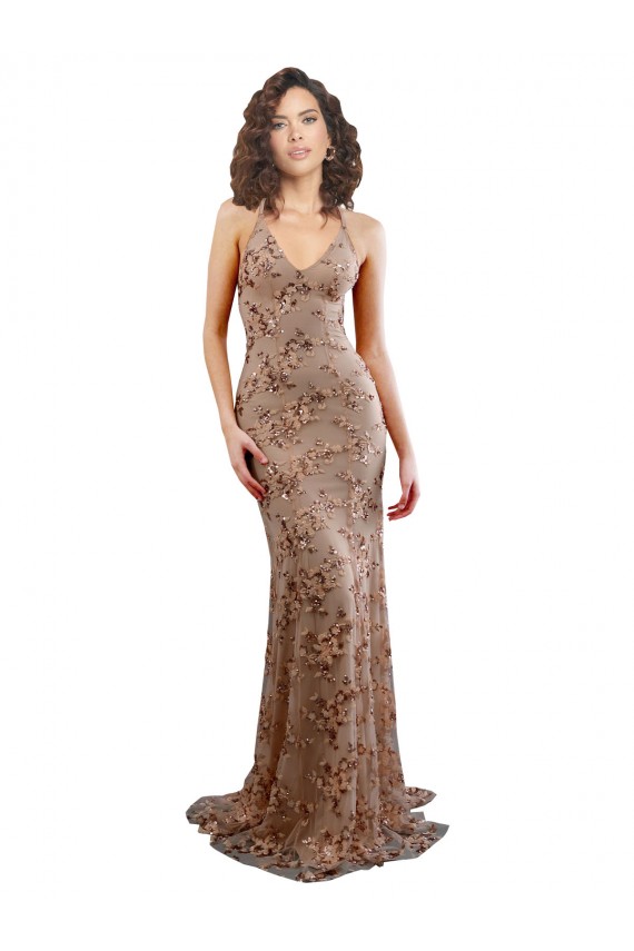 Open Back Rose Gold Stretch Crepe & Sequin Tulle V-Neck Long Sleeveless Formal Evening Gown / Prom Dress / Bridesmaid Dress Toowoomba