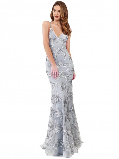 Open Back Silver Stretch Crepe & Sequin Tulle V-Neck Long Sleeveless Formal Evening Gown / Prom Dress / Bridesmaid Dress Toowoomba