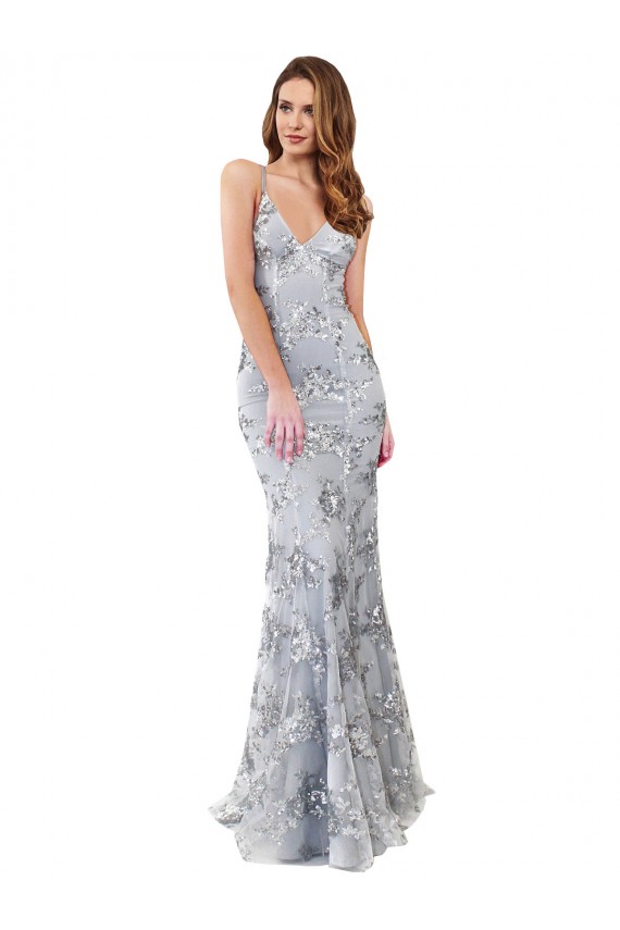 Open Back Silver Stretch Crepe & Sequin Tulle V-Neck Long Sleeveless Formal Evening Gown / Prom Dress / Bridesmaid Dress Toowoomba