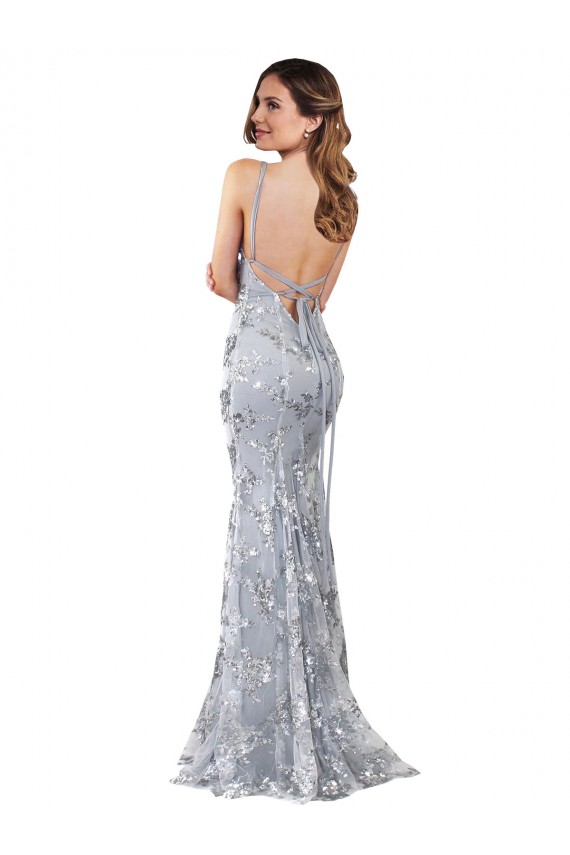 Open Back Silver Stretch Crepe & Sequin Tulle V-Neck Long Sleeveless Formal Evening Gown / Prom Dress / Bridesmaid Dress Toowoomba