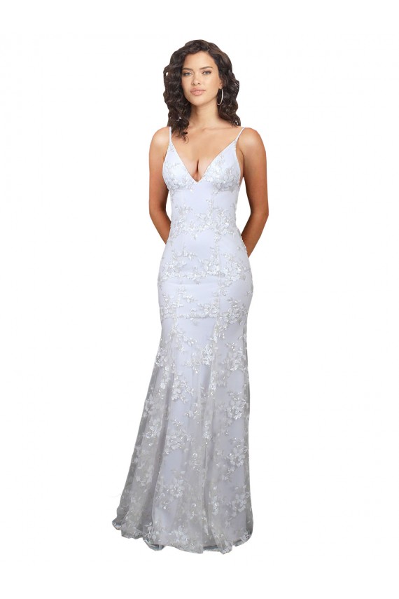 Open Back White Stretch Crepe & Sequin Tulle V-Neck Long Sleeveless Formal Evening Gown / Prom Dress / Bridesmaid Dress Toowoomba