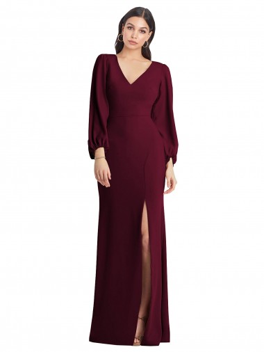 Stretch Crepe V-Neck Long Puff Sleeves Semi Formal Evening Dress / Prom Dress / Bridesmaid Dress Toowoomba
