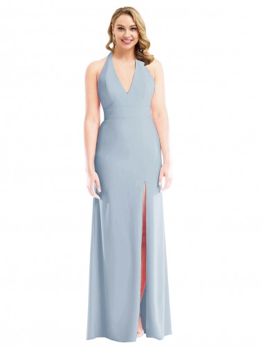 Open Back Light Sky Blue Stretch Crepe Halter Neck Long Sleeveless Bridesmaid Dress / Evening Dress Toowoomba