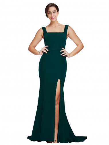 Midnight Green Stretch Crepe Square Neck Sweep Train Sleeveless Semi Formal Evening Dress / Prom Dress / Bridesmaid Dress Toowoomba