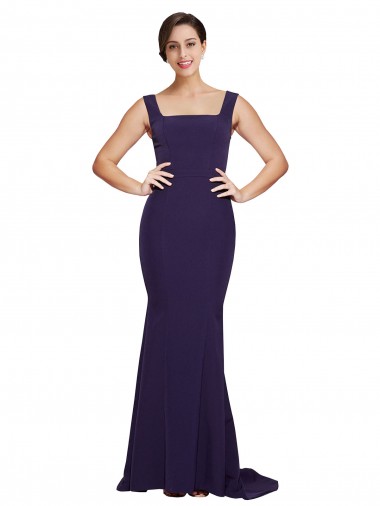 Dark Navy Stretch Crepe Square Neck Sweep Train Sleeveless Semi Formal Evening Dress / Prom Dress / Bridesmaid Dress Toowoomba
