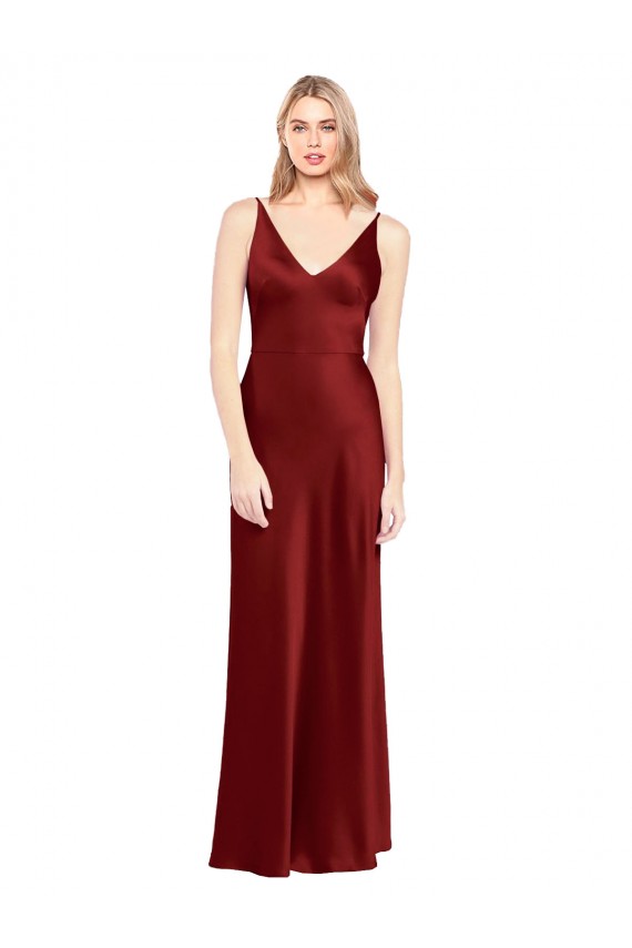 V-Back Burgundy Stretch Satin Spaghetti Straps Long Sleeveless Formal Evening Gown / Prom Dress / Bridesmaid Dress Toowoomba