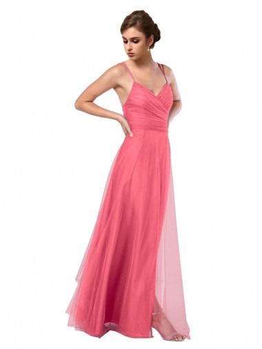 V-Back Watermelon Tulle Spaghetti Straps Long Sleeveless Bridesmaid Dress Toowoomba