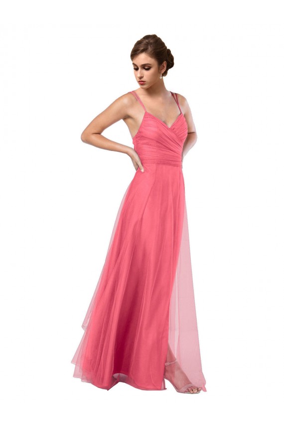 V-Back Watermelon Tulle Spaghetti Straps Long Sleeveless Bridesmaid Dress Toowoomba